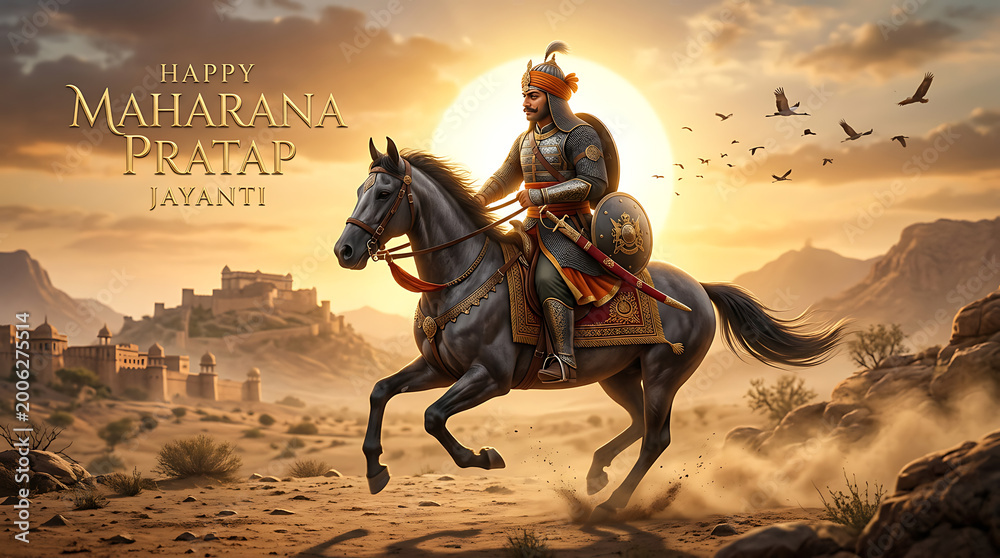 Fototapeta premium Maharana Pratap Jayanti Illustration with Warrior on Horseback