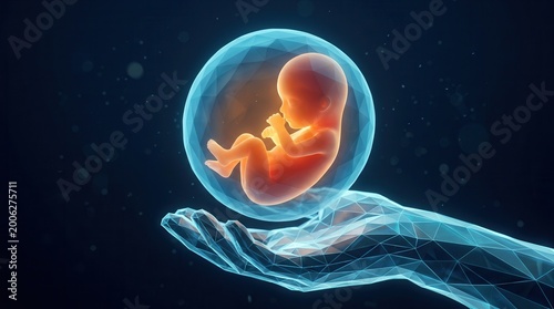 A glowing fetal model inside an amniotic sac held by a hand for prenatal genetic testing.