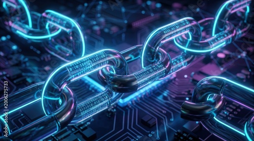 Cyber-secure metal chain links over digital circuitry representing supply chain security.