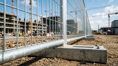 Close-up of sturdy galvanized welded wire mesh temporary fence at a construction site.