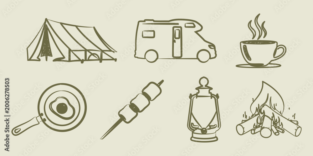 Fototapeta premium Camping doodle icon set hand drawn vector illustration with outdoor adventure elements and travel symbols