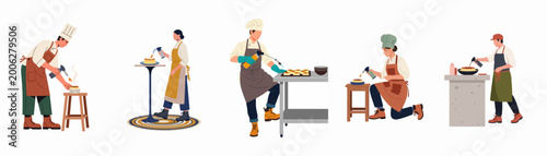 Schilderij op canvas Set of professional chefs and bakers using kitchen blowtorches to finish desserts and dishes, isolated on a white background