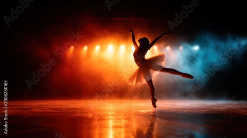 A stunning silhouette of a ballerina dancing gracefully against a beautifully lit backdrop, showcasing elegance and artistry in a mesmerizing and enchanting setting.