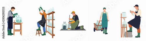Fotografi Set of industrial workers performing various tasks including filling, cleaning, and transporting glass carboys and bottles in a production facility