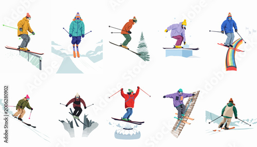 Bild auf Leinwand Set of flat vector illustrations depicting various skiers and snowboarders performing action stunts and winter sports activities against a white background