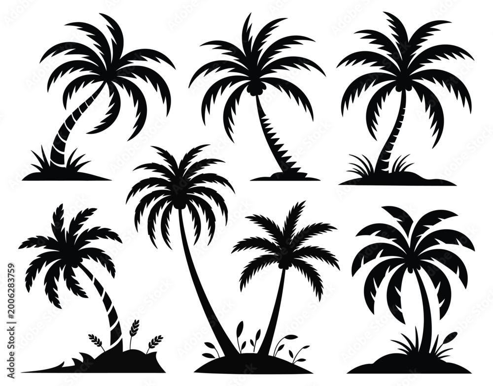Fototapeta premium Palm tree silhouettes collection on a white background high quality professional