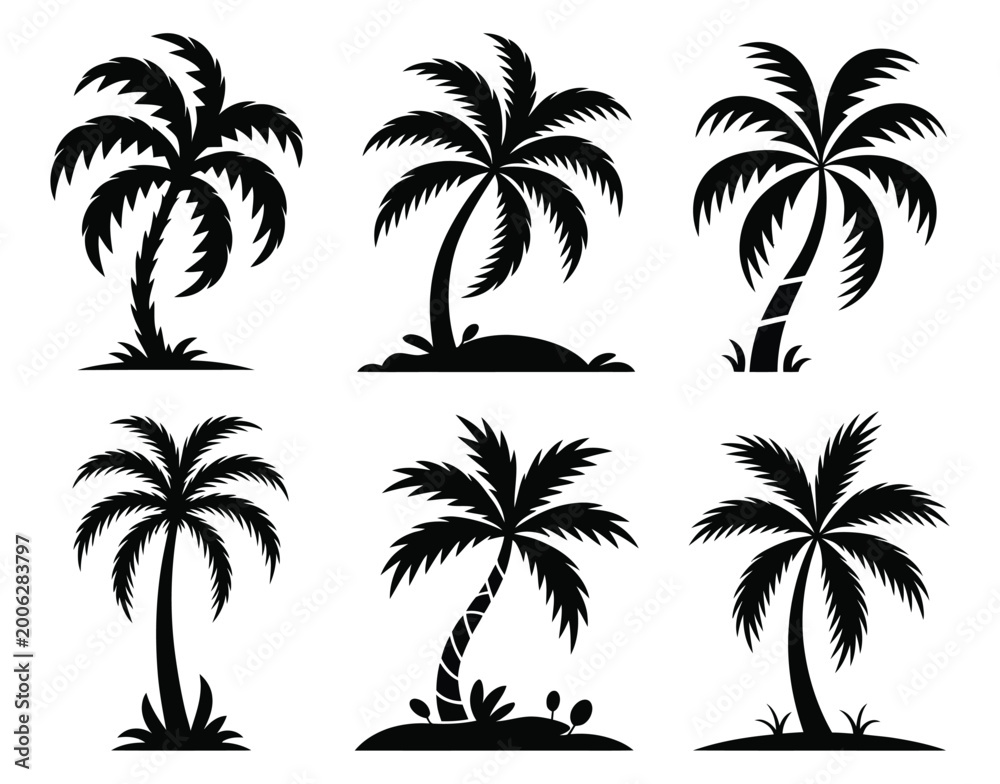 Fototapeta premium Palm tree silhouettes collection on a white background high quality professional