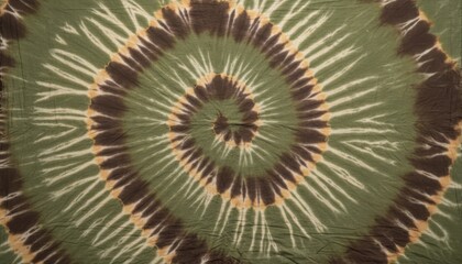 Olive green spiral tie dye fabric background featuring artisanal swirl patterns for lifestyle branding, handmade textile displays and organic fashion design