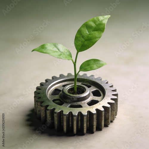 Young plant emerging from metal gear sustainable industry carbon footprint growth concept renewable innovation nature and machinery harmony