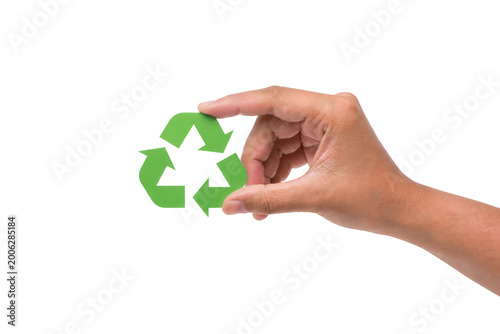 Female Hand Holding Recycling Symbol  – Sustainability Concept,Eco Friendly Lifestyle and Environmental Protection Concept,Green Energy Awareness