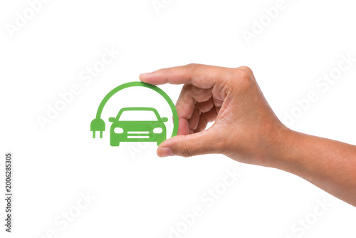 Female Hand Holding Electric Car Icon on White Background – EV Technology, Green Energy Concept,Sustainable Transport, Clean Energy Concept,Eco-Friendly Mobility, Battery Powered Vehicle Concept