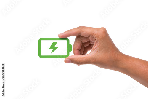 Female Hand Holding Battery Charge Icon on White Background – Energy, Power, Technology Concept,Charging, Energy Efficiency, Digital Power Concept,Electricity, Charging Status, Renewable Energy Concep