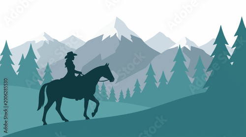 Schilderij op canvas Horseback rider in mountain forest, minimalist vector illustration