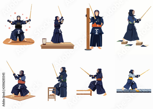 Bild auf Leinwand Set of Flat Vector Illustrations Featuring Kendo Practitioners in Traditional Ar