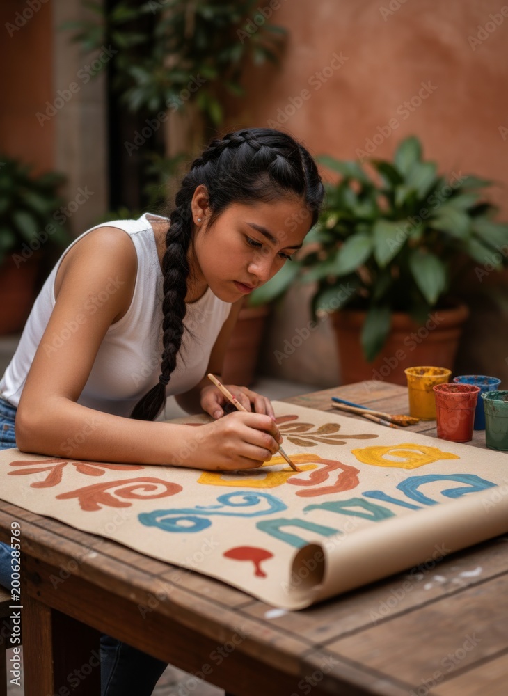 Fototapeta premium Young woman painting a handmade banner at a wooden courtyard table for cultural festival preparation, arts and crafts education and creative hobby storytelling