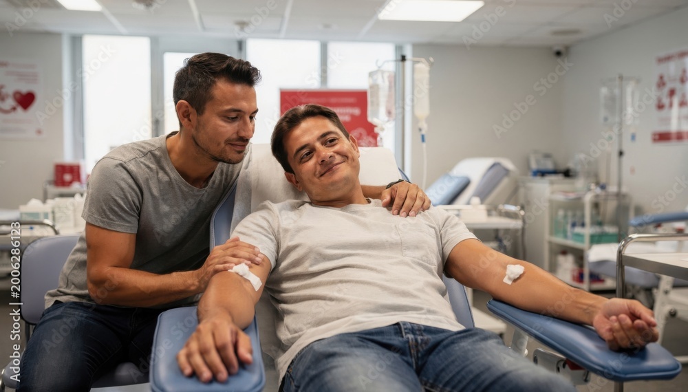 Obraz premium Two adult men in a blood donor center with one partner resting after donation for healthcare advertising, medical promotion and community wellness awareness