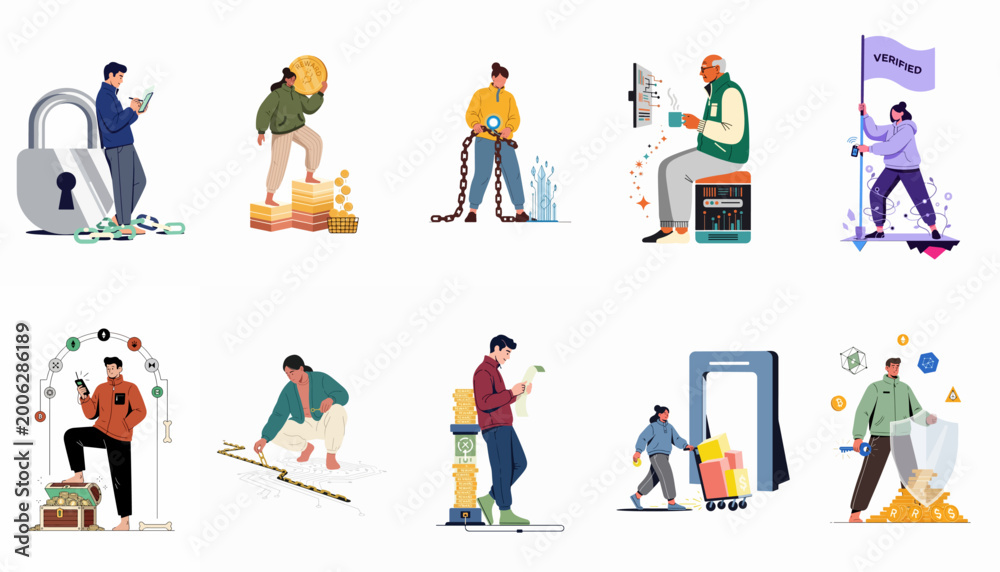 Fototapeta premium Set of Flat Vector Illustrations Featuring Blockchain Technology, Cryptocurrency Security, Digital Rewards, and Data Management Concepts on a White Background