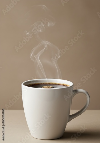 Steaming white coffee mug on a table with soft background and gentle lighting