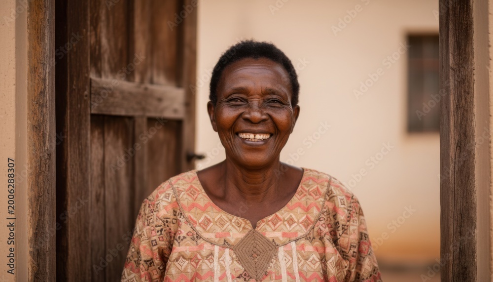 Obraz premium Elderly African woman with joyful smile standing in a wooden doorway for senior wellness campaign, community healthcare advertising and retirement lifestyle marketing