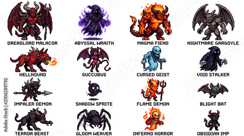 A diverse collection of fantasy pixel art game elements, showcasing an array of monstrous creatures and character sprites perfect for classic role-playing adventures