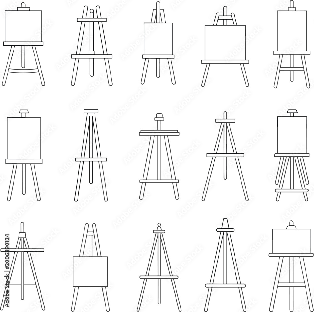 Obraz premium WebArtist easel silhouettes, canvas stand vector, blue line drawing design, painting equipment illustration, creative studio art, diverse easel styles