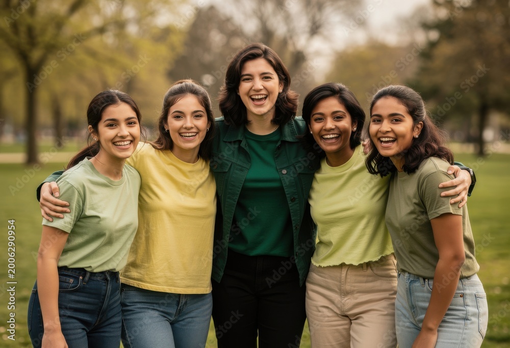 Fototapeta premium A group of young women smiling while embracing in a green public park for youth lifestyle, diversity brand campaigns and community social media advertising