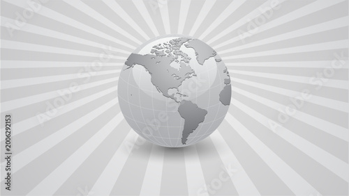 Business background with Earth globe on a gray striped background with burst ...