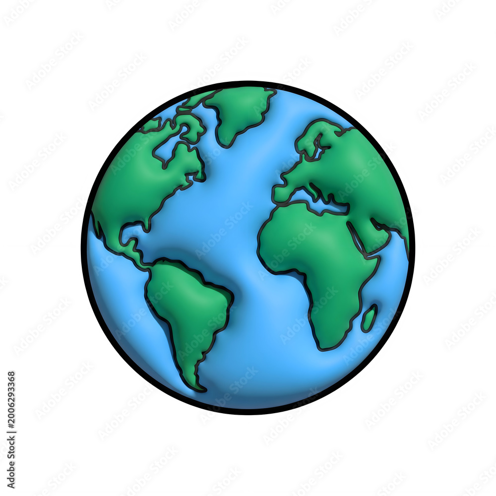 Fototapeta premium Stylized earth globe illustration with green continents and blue oceans, planet earth icon on white background, global map sphere for environmental concepts