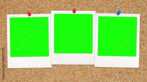 Retro Photo Frames With Green Screen On Cork Background