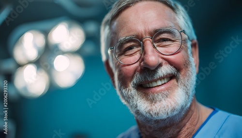 Close-animated movie portrait of a smiling, mature male surgeon with glasses and a gray beard, wearing blue scrubs in an operating room with blurred lights in the