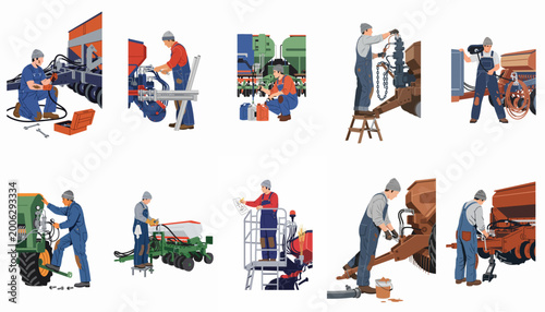 Photos Set of illustrations showing professional mechanics in overalls repairing and maintaining heavy agricultural machinery like seeders and planters in a workshop