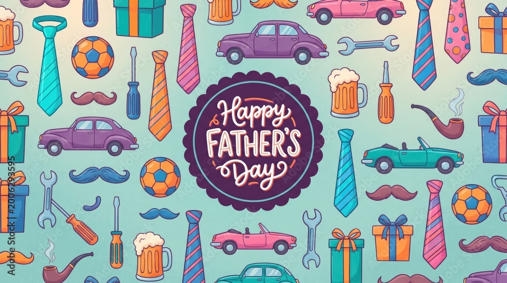 Happy fathers day pattern with gifts cars tools for dad