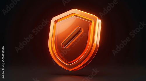 3D glowing orange shield, representing security and protection.