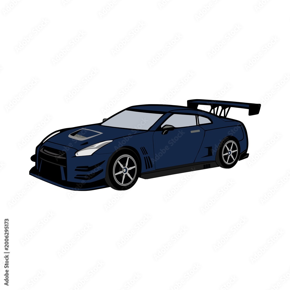 Obraz premium Dark blue Japanese sport car with large spoiler parked on white background