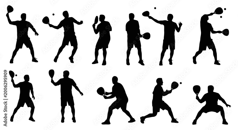 Fototapeta premium Silhouettes of people playing tennis in various poses.