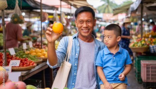 A happy single father bonding with his autistic son while carrying a tote bag and showing a fresh orange at an outdoor local market.