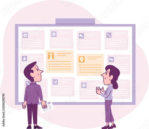Vacancy board with job offers, two people choosing position.