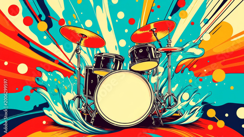 A bold, energetic vector illustration of a drum kit set against an explosion of red, teal and yellow paint splashes and rays — conveying music, rhythm, energy and creativity. Ideal for concerts, bands
