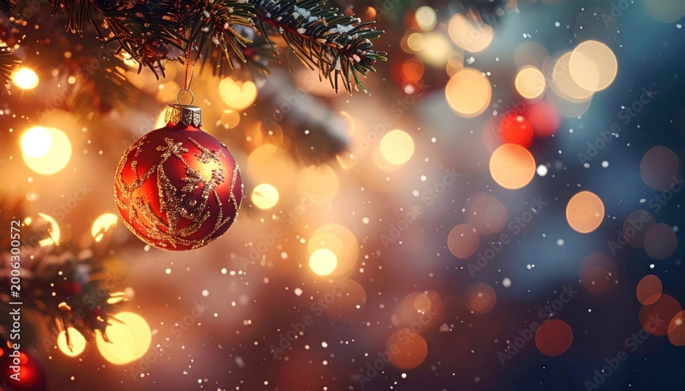 Obraz premium Red ornament on evergreen tree with glowing lights, snow falling, creating magical festive atmosphere