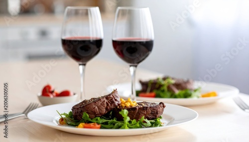 Two steaks with greens on plates, accompanied by red wine glasses, in a serene dining setting