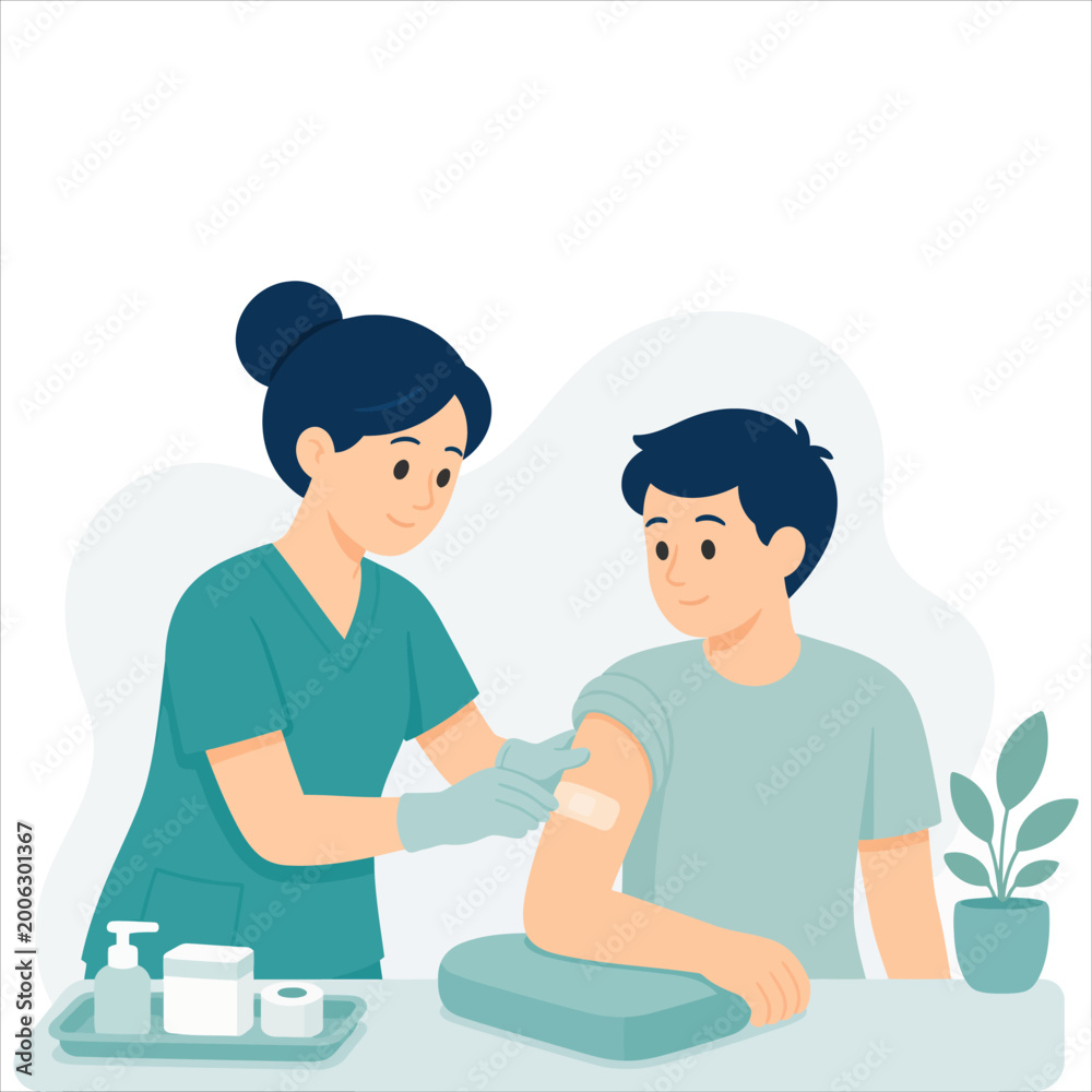 Obraz premium Professional nurse applying adhesive bandage to boy patient after vaccination in clean vector illustration style.