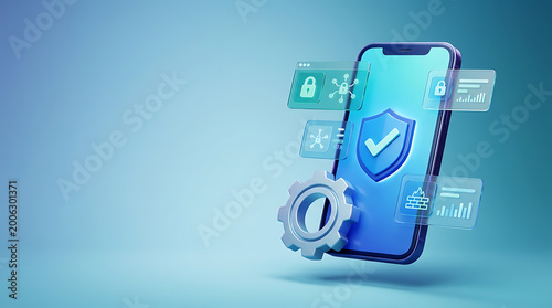 3D smartphone with protective icons for data security and analytics