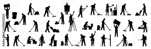 Foto Professional cleaner silhouettes performing janitorial services and domestic mai