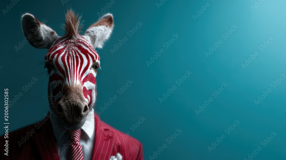Fototapeta premium A zebra donned in a stylish red suit showcases a striking contrast between nature and fashion, symbolizing uniqueness and the blending of the natural with the artistic.