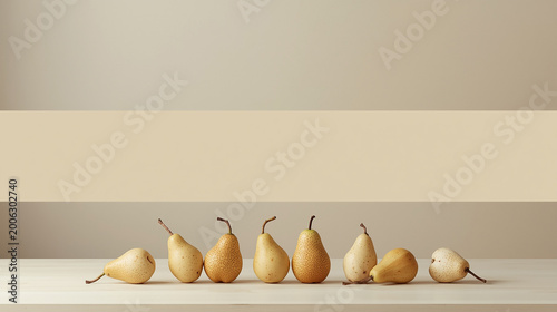 Pears arranged in a deliberate still life composition on a minimalist beige kitchen counter, evoking a rustic Kinfolk style aesthetic, with an emphasis on soft, warm, and inviting visuals, the beige