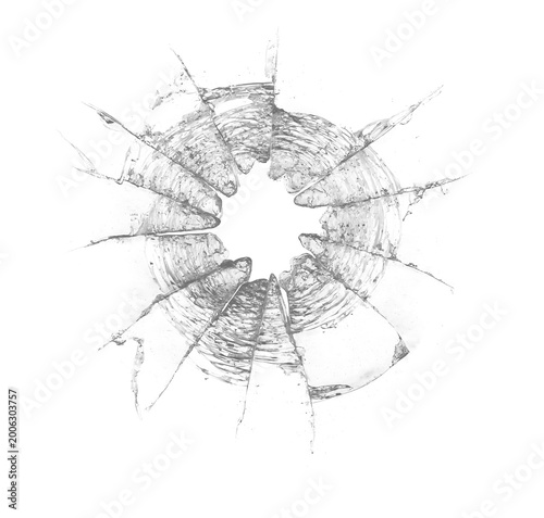 Broken glass texture with sharp cracks on white background. Transparent overlay
