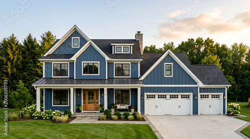 A stunning blue-sided two-story house with a white-trimmed gabled roof and a three-car garage, set against a backdrop of lush green trees and a clear sky.