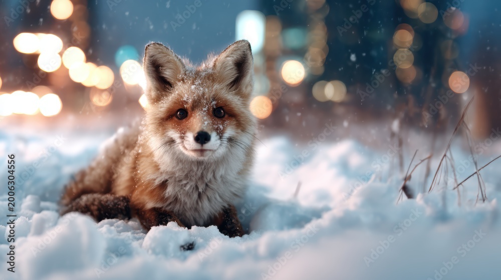 Naklejka premium A captivating image of a fox lying in the snow amidst an urban setting, capturing the intriguing contrast of nature against a city backdrop filled with soft snowflakes.