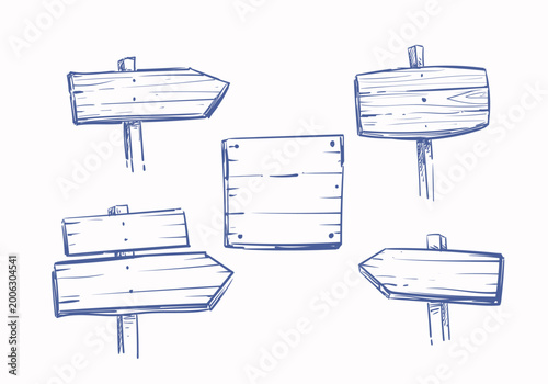 Foto Set of hand-drawn wooden signboards and fence elements  cartoon style, various shapes like arrows, panels, hanging boards