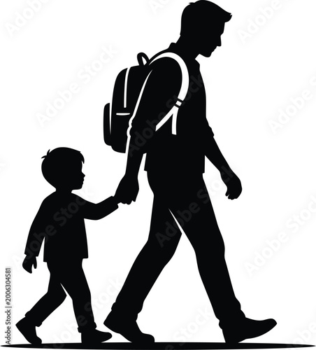 Father and son silhouette walking hand in hand isolated on transparent background